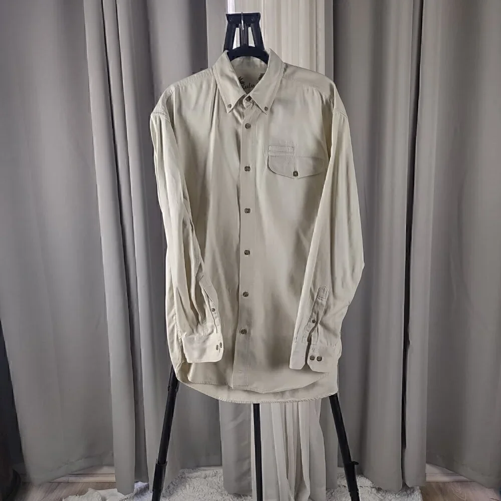 Keeler Bay Mens 100% Cotton Long Sleeve Button Down Beige Shirt Size Medium